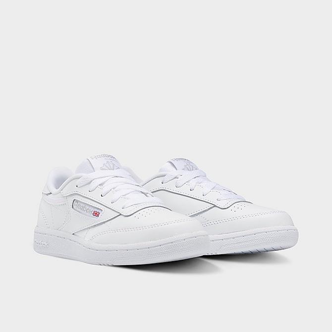Three Quarter view of Boys' Little Kids' Reebok Club C Casual Shoes in White/Sheer Grey/Int Click to zoom