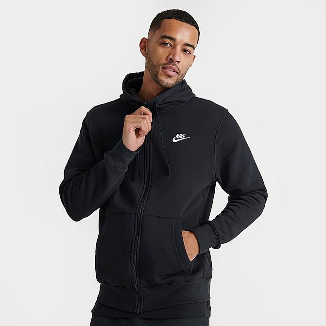 Front view of Men's Nike Sportswear Club Fleece Full-Zip Hoodie in Black/Black/White Click to zoom