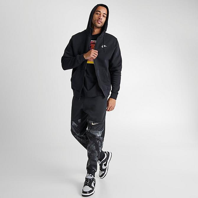 Front Three Quarter view of Men's Nike Sportswear Club Fleece Full-Zip Hoodie in Black/Black/White Click to zoom