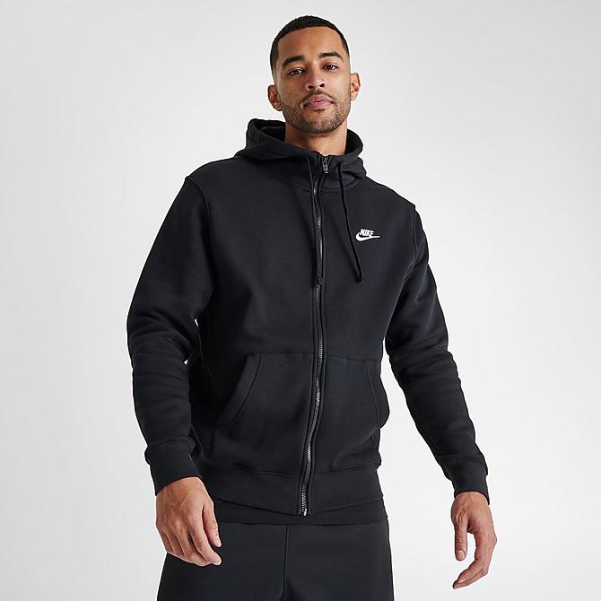 Back Left view of Men's Nike Sportswear Club Fleece Full-Zip Hoodie in Black/Black/White Click to zoom