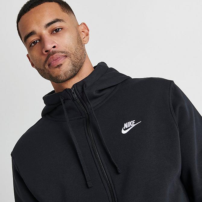 On Model 5 view of Men's Nike Sportswear Club Fleece Full-Zip Hoodie in Black/Black/White Click to zoom