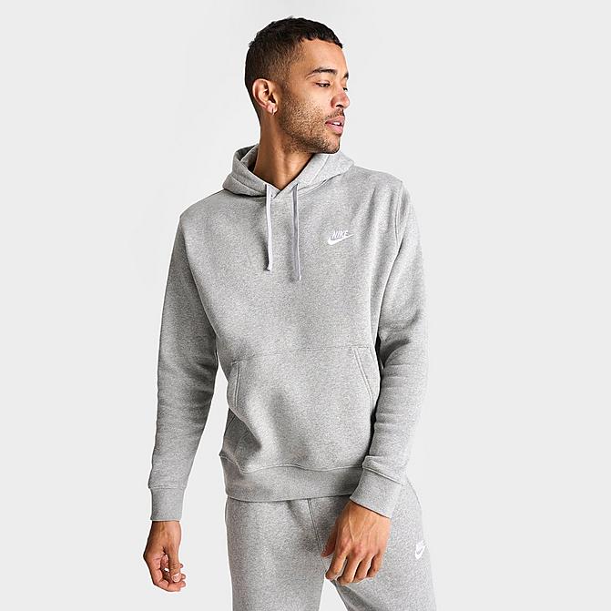 Front view of Nike Sportswear Club Fleece Embroidered Hoodie in Dark Grey Heather/Matte Silver/White Click to zoom