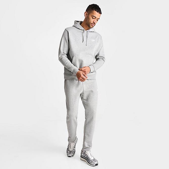 Front Three Quarter view of Nike Sportswear Club Fleece Embroidered Hoodie in Dark Grey Heather/Matte Silver/White Click to zoom