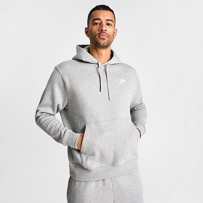 Back Left view of Nike Sportswear Club Fleece Embroidered Hoodie in Dark Grey Heather/Matte Silver/White Click to zoom