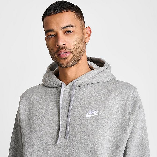 On Model 5 view of Nike Sportswear Club Fleece Embroidered Hoodie in Dark Grey Heather/Matte Silver/White Click to zoom