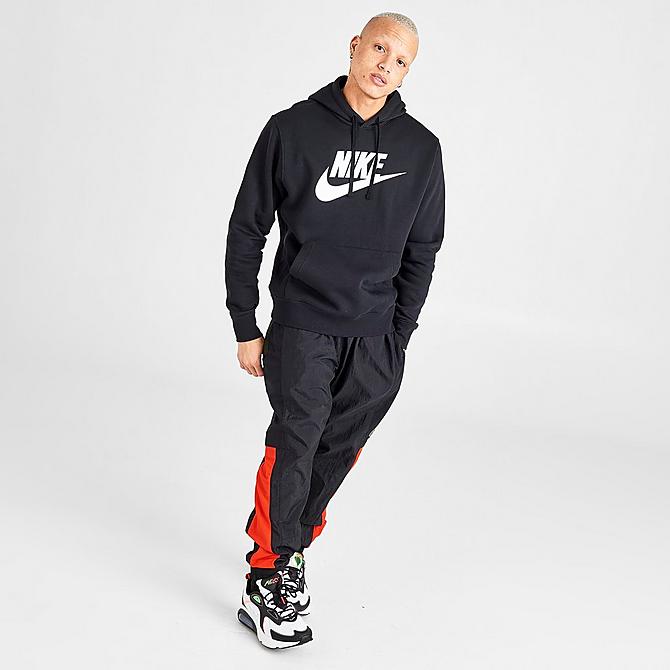 Front Three Quarter view of Men's Nike Sportswear Club Fleece Hoodie in Black/Black/White Click to zoom