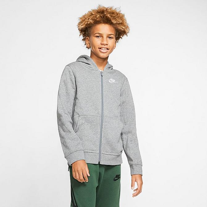 Front view of Kids' Nike Sportswear Club Full-Zip Hoodie in Carbon Heather/Smoke Grey/White Click to zoom