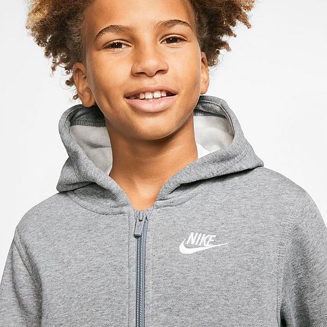 Back Right view of Kids' Nike Sportswear Club Full-Zip Hoodie in Carbon Heather/Smoke Grey/White Click to zoom