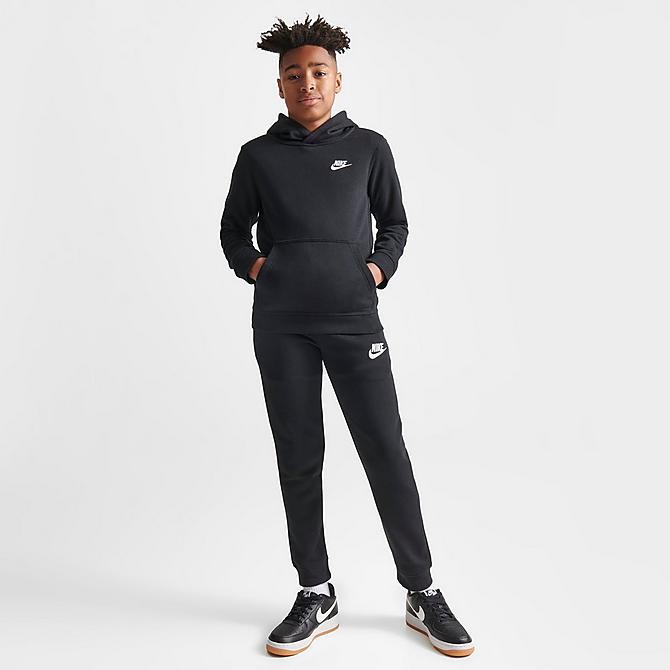 Front Three Quarter view of Boys' Nike Sportswear Club Fleece Pullover Hoodie in Black Click to zoom