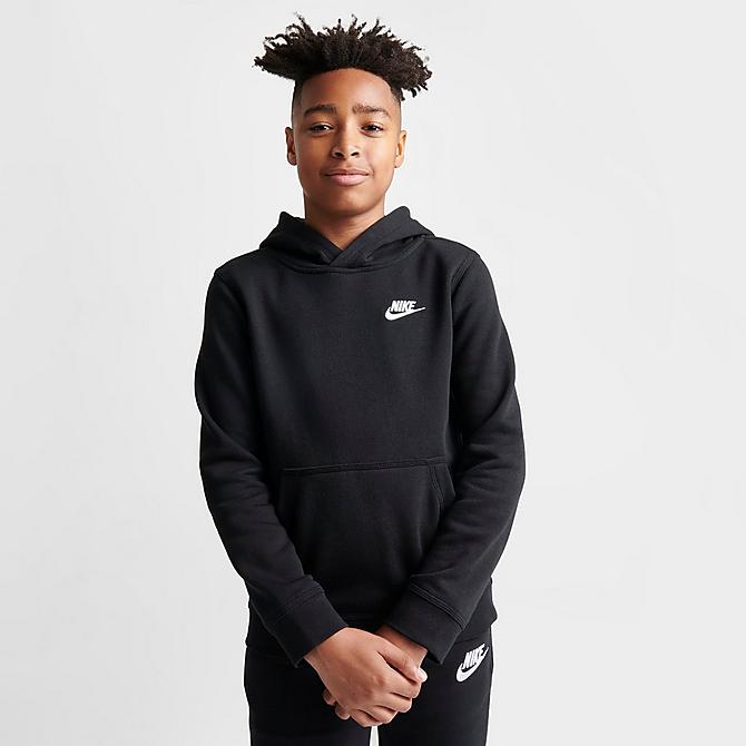Back Left view of Boys' Nike Sportswear Club Fleece Pullover Hoodie in Black Click to zoom