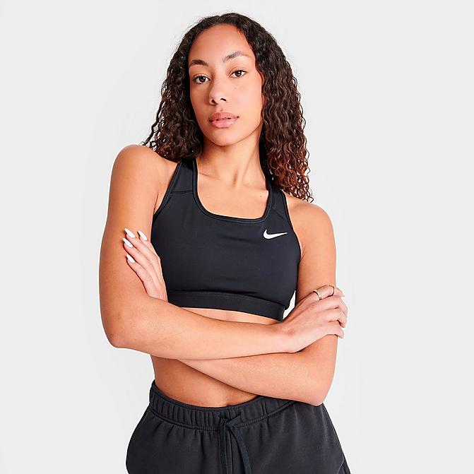 Front view of Women's Nike Dri-FIT Swoosh Medium-Support Sports Bra in Black/Black/White Click to zoom