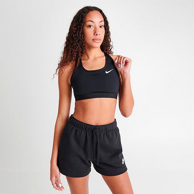 Back Left view of Women's Nike Dri-FIT Swoosh Medium-Support Sports Bra in Black/Black/White Click to zoom