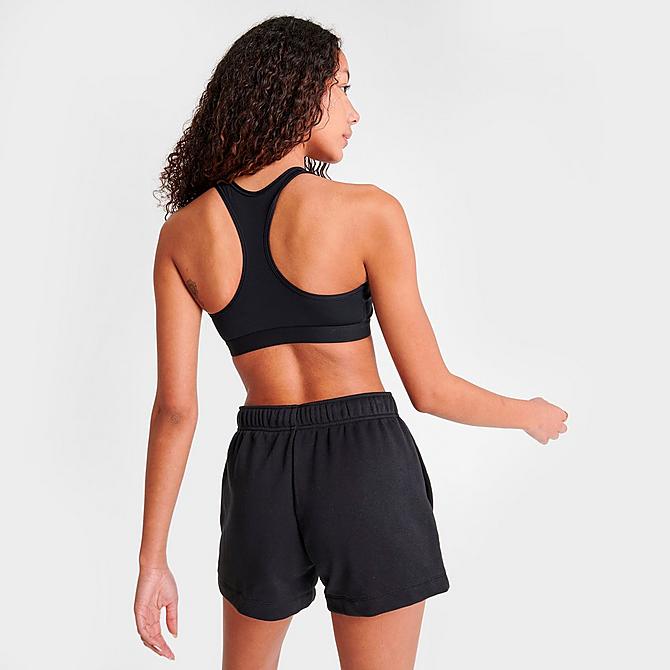 Back Right view of Women's Nike Dri-FIT Swoosh Medium-Support Sports Bra in Black/Black/White Click to zoom