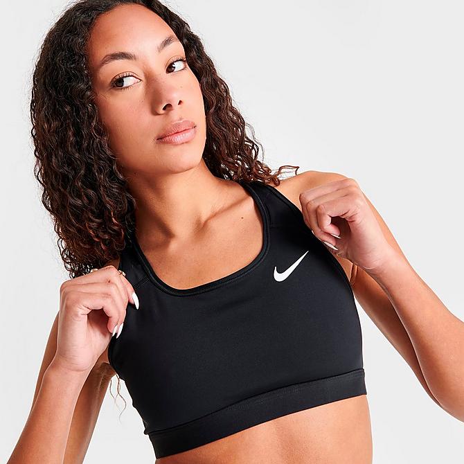 On Model 5 view of Women's Nike Dri-FIT Swoosh Medium-Support Sports Bra in Black/Black/White Click to zoom