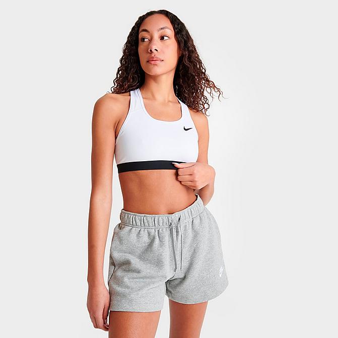 Front view of Women's Nike Dri-FIT Swoosh Medium-Support Sports Bra in White/Black/Black Click to zoom