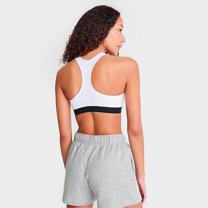 Back Right view of Women's Nike Dri-FIT Swoosh Medium-Support Sports Bra in White/Black/Black Click to zoom
