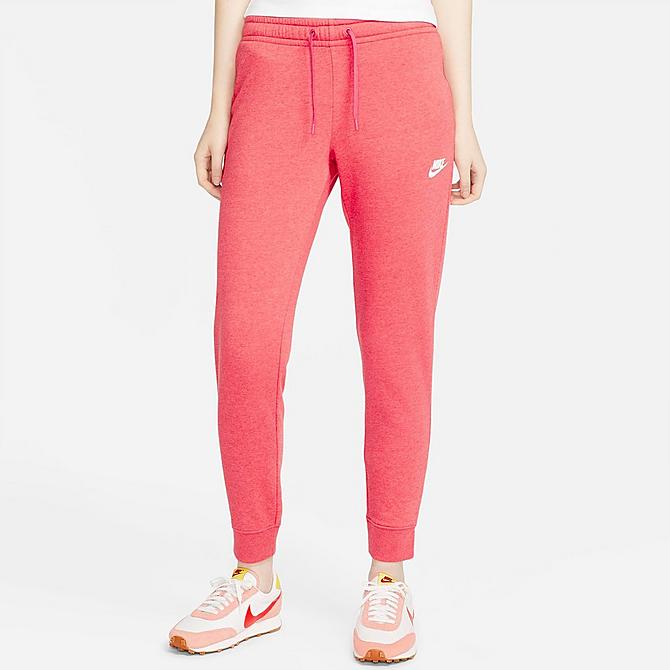Front Three Quarter view of Women's Nike Sportswear Fleece Jogger Pants in Gypsy Rose/Heather/White Click to zoom