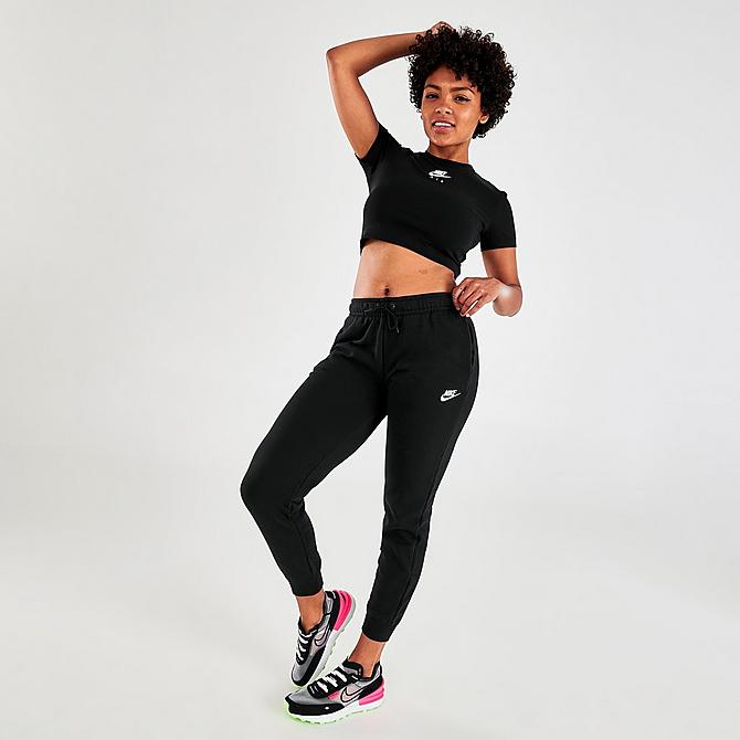 Front Three Quarter view of Women's Nike Sportswear Essential Jogger Pants in Black/White Click to zoom