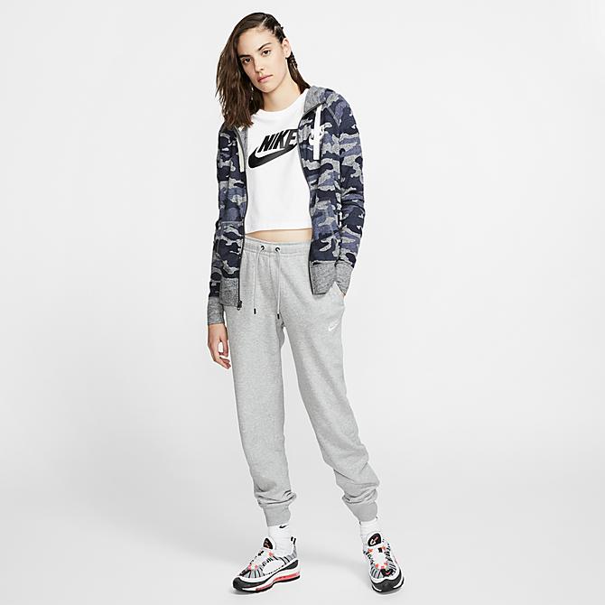 Front Three Quarter view of Women's Nike Sportswear Essential Jogger Pants in Grey/White Click to zoom