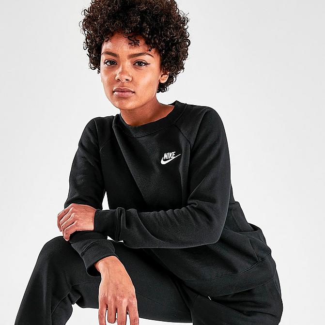 Front view of Women's Nike Sportswear Essential Fleece Crewneck Sweatshirt in Black/White Click to zoom