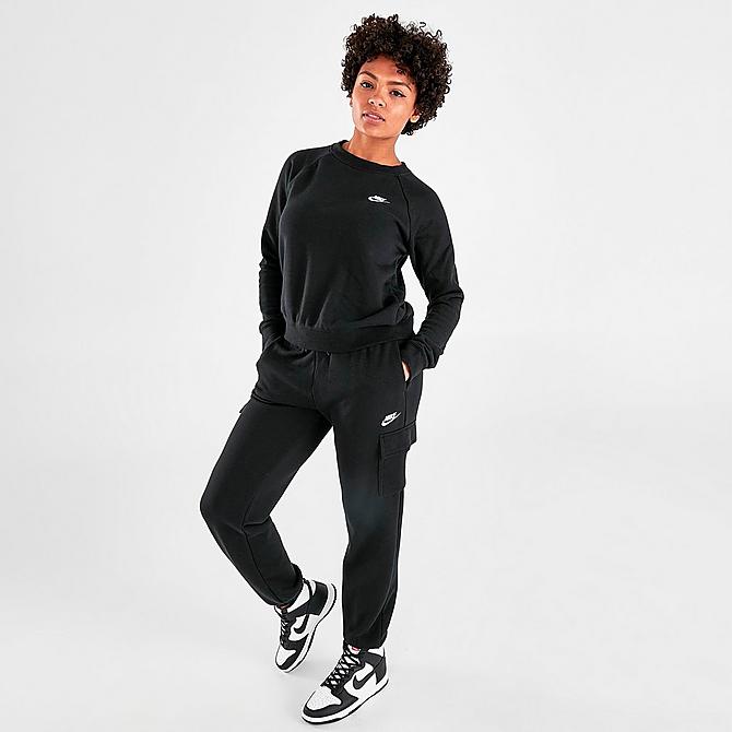 Front Three Quarter view of Women's Nike Sportswear Essential Fleece Crewneck Sweatshirt in Black/White Click to zoom