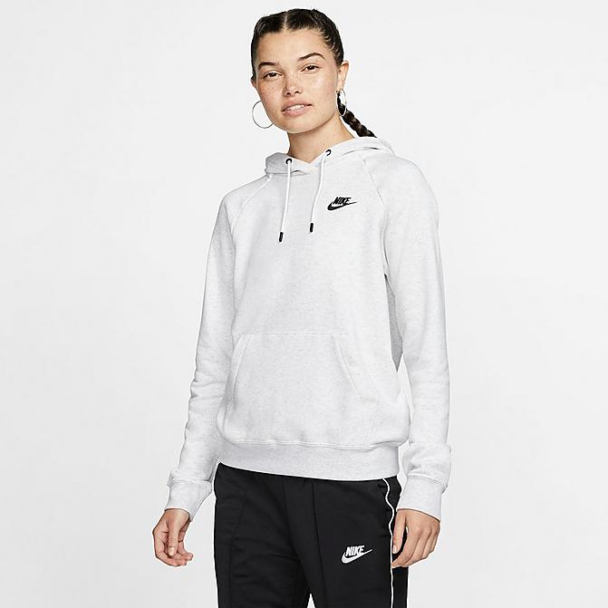 Front view of Women's Nike Sportswear Essential Fleece Hoodie in Birch Heather/White/Black Click to zoom