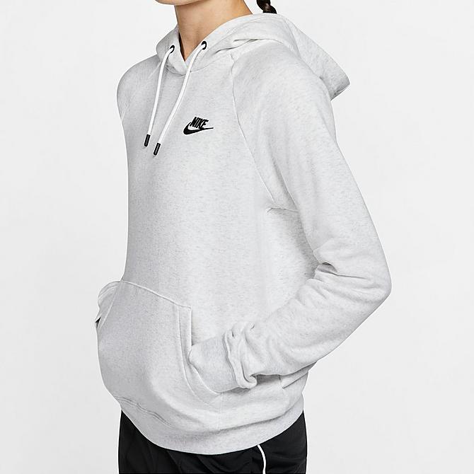 On Model 5 view of Women's Nike Sportswear Essential Fleece Hoodie in Birch Heather/White/Black Click to zoom