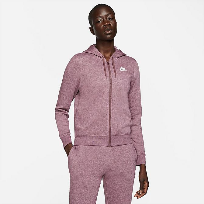 Front view of Women's Nike Sportswear Futura Fleece Full-Zip Hoodie in Dark Wine/Heather/White Click to zoom
