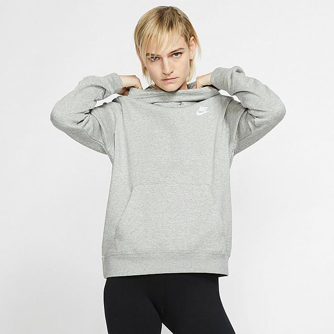 Front view of Women's Nike Sportswear Funnel-Neck Hoodie in Dark Grey Heather/Matte Silver/White Click to zoom