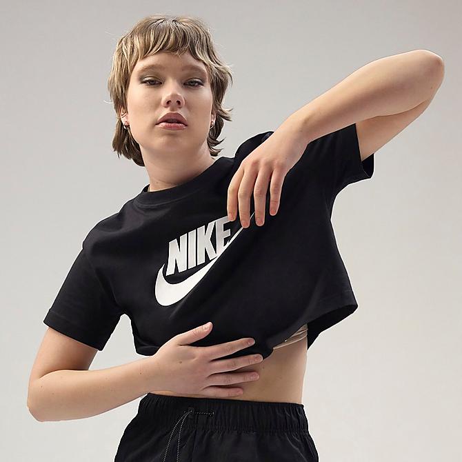 Back Left view of Women's Nike Sportswear Essential Cropped T-Shirt in Black/White Click to zoom