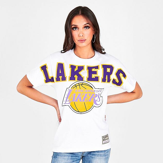 Front view of Women's Mitchell & Ness Los Angeles Lakers NBA Logo T-Shirt in White Click to zoom