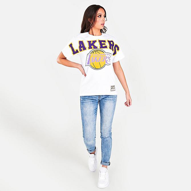 Front Three Quarter view of Women's Mitchell & Ness Los Angeles Lakers NBA Logo T-Shirt in White Click to zoom