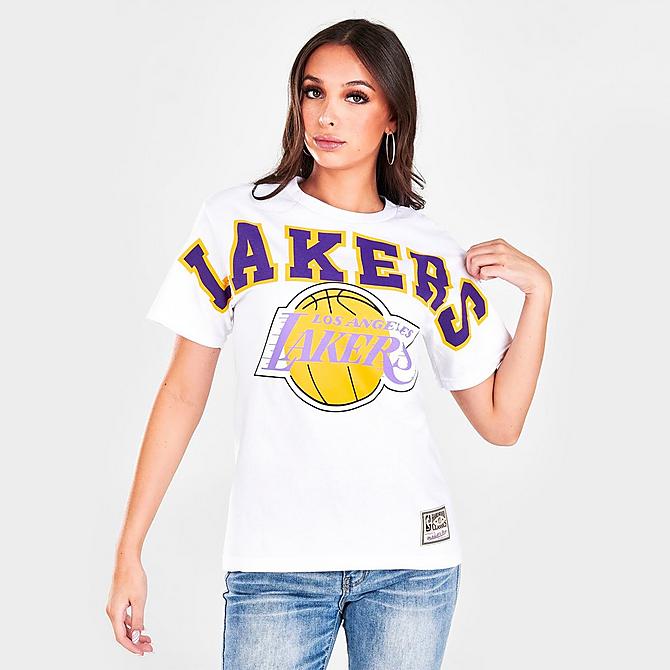 Back Left view of Women's Mitchell & Ness Los Angeles Lakers NBA Logo T-Shirt in White Click to zoom