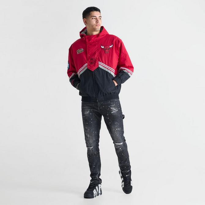 [angle] view of Men's Mitchell & Ness Chicago Bulls NBA Throw It Back Retro Jacket in Red/Black Click to zoom