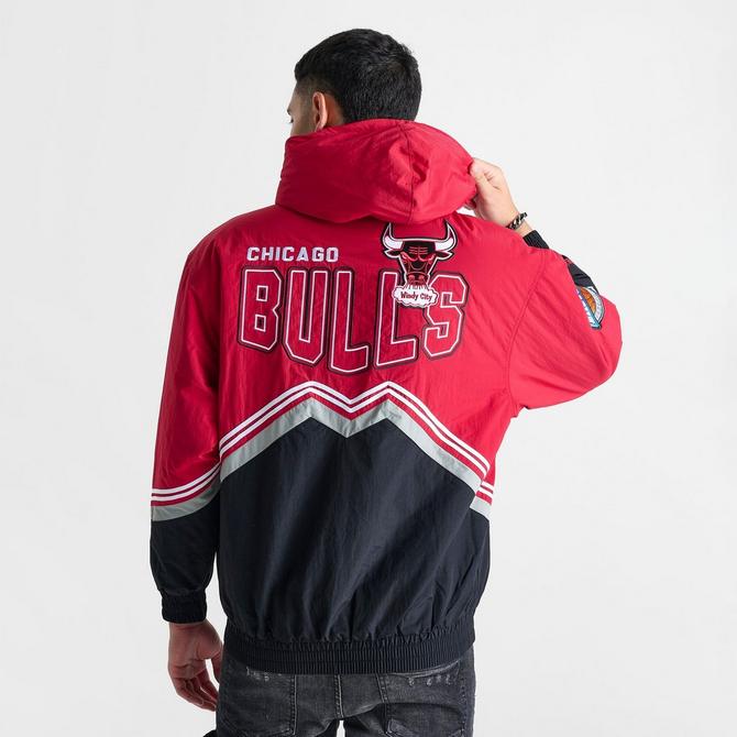 [angle] view of Men's Mitchell & Ness Chicago Bulls NBA Throw It Back Retro Jacket in Red/Black Click to zoom