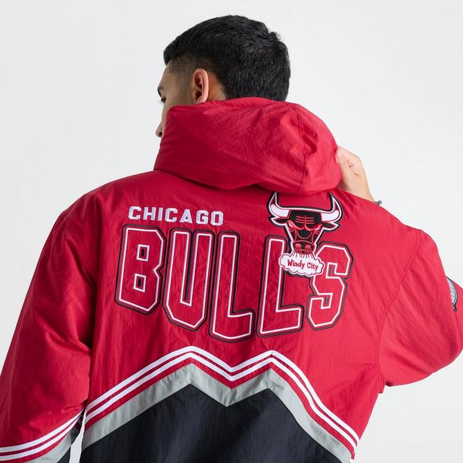 [angle] view of Men's Mitchell & Ness Chicago Bulls NBA Throw It Back Retro Jacket in Red/Black Click to zoom