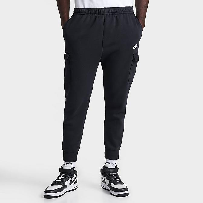 Front view of Men's Nike Sportswear Club Fleece Cargo Jogger Pants in Black/Black/White Click to zoom