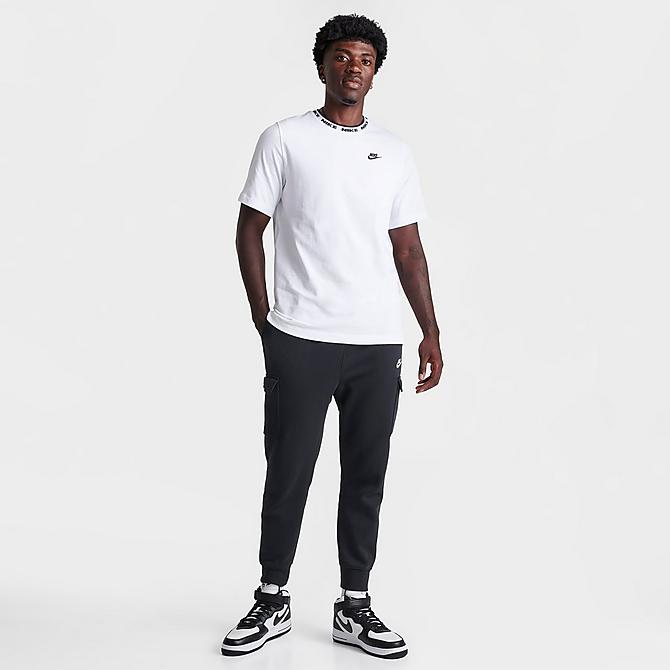 Front Three Quarter view of Men's Nike Sportswear Club Fleece Cargo Jogger Pants in Black/Black/White Click to zoom