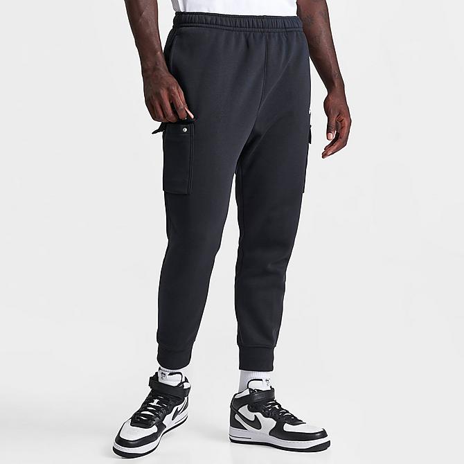 Back Left view of Men's Nike Sportswear Club Fleece Cargo Jogger Pants in Black/Black/White Click to zoom