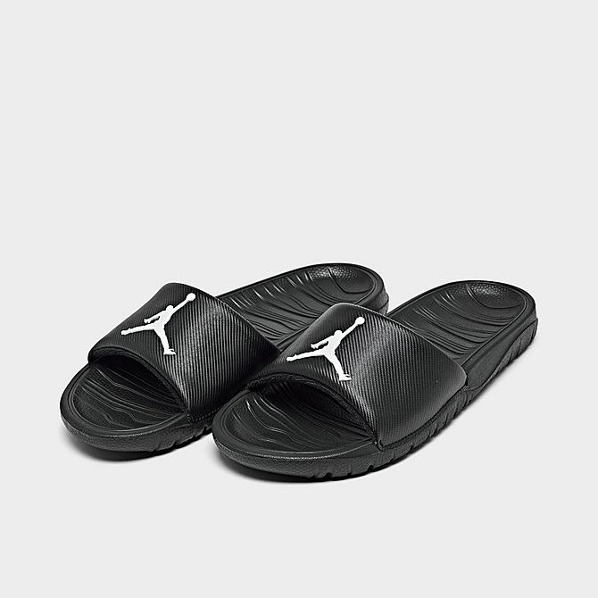 Three Quarter view of Boys' Big Kids' Jordan Break Slide Sandals in Black/White Click to zoom