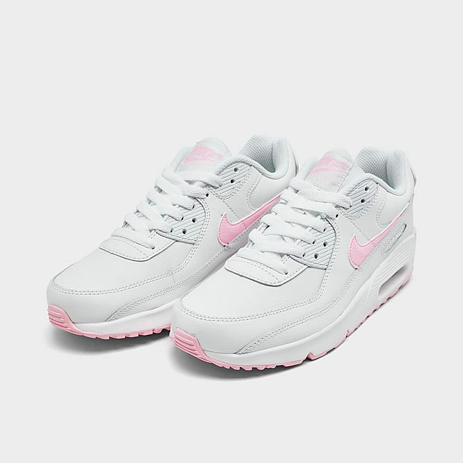 Three Quarter view of Girls' Big Kids' Nike Air Max 90 Casual Shoes in White/White/White/Pink Foam Click to zoom