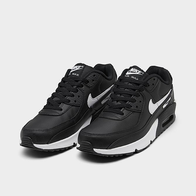 Three Quarter view of Big Kids' Nike Air Max 90 Casual Shoes in Black/Black/Black/White Click to zoom