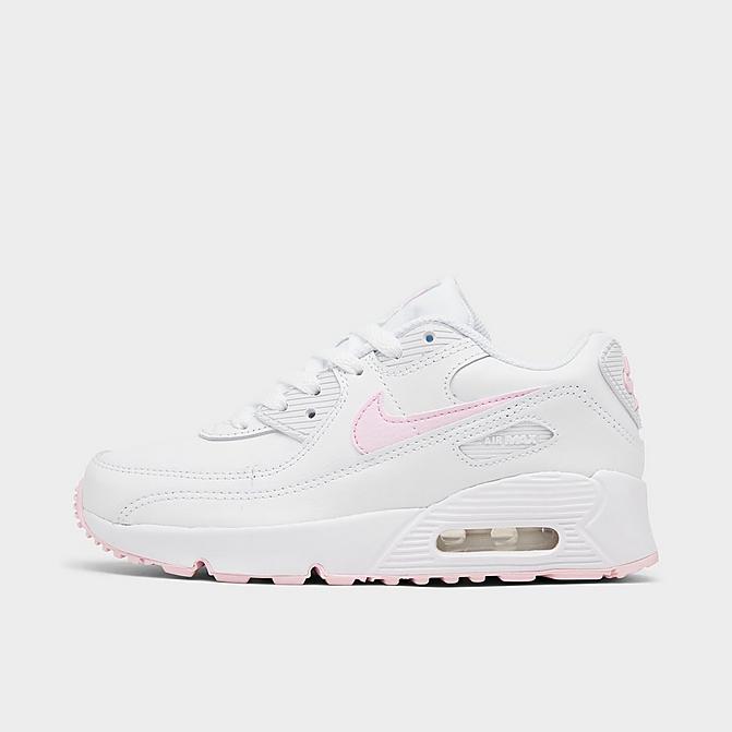 Right view of Girls' Little Kids' Nike Air Max 90 Casual Shoes in White/Pink Foam/White/White Click to zoom