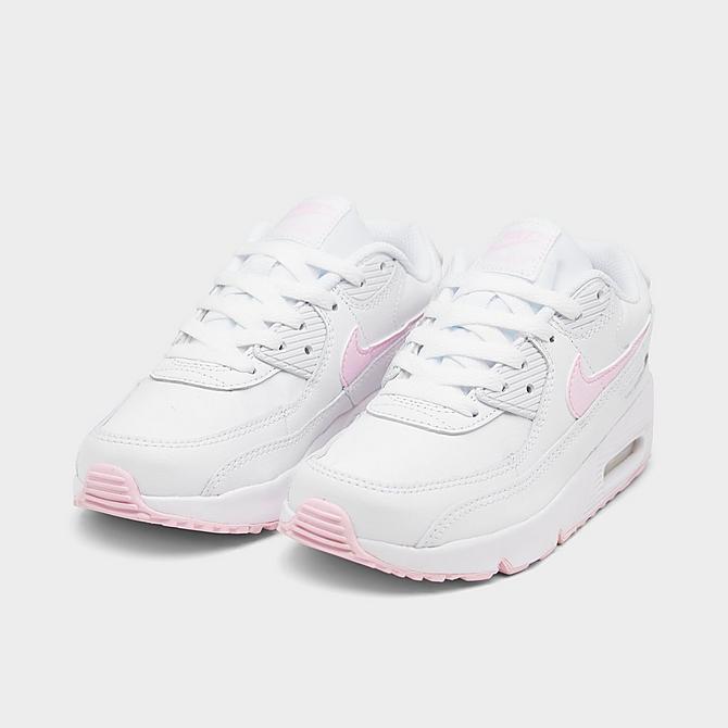 Three Quarter view of Girls' Little Kids' Nike Air Max 90 Casual Shoes in White/Pink Foam/White/White Click to zoom
