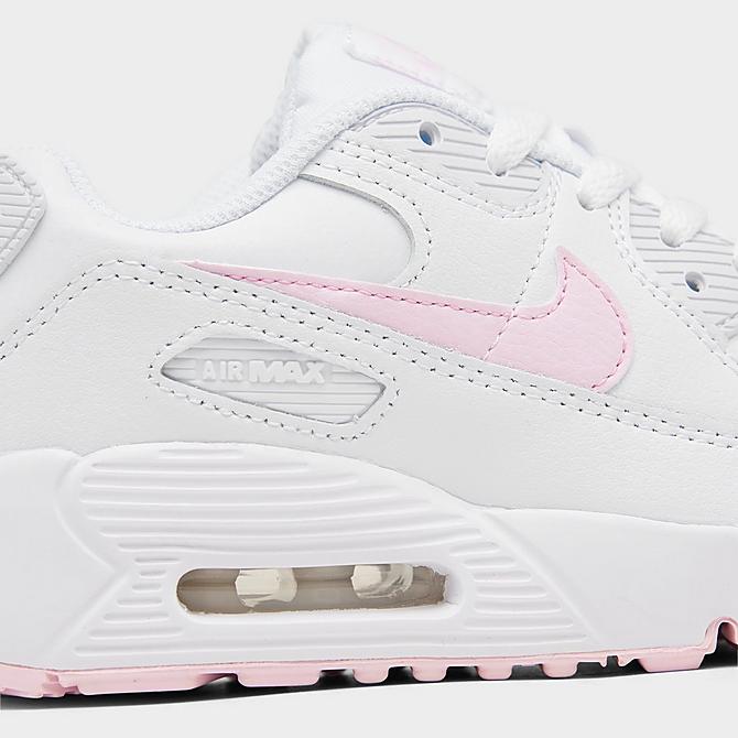 Front view of Girls' Little Kids' Nike Air Max 90 Casual Shoes in White/Pink Foam/White/White Click to zoom