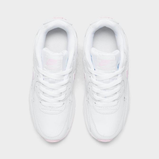 Back view of Girls' Little Kids' Nike Air Max 90 Casual Shoes in White/Pink Foam/White/White Click to zoom