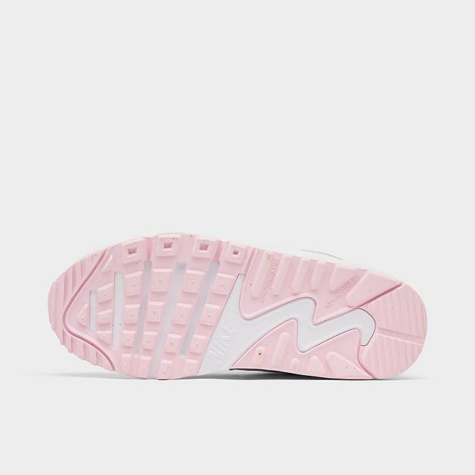 Bottom view of Girls' Little Kids' Nike Air Max 90 Casual Shoes in White/Pink Foam/White/White Click to zoom