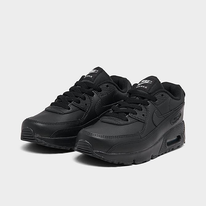 Three Quarter view of Little Kids' Nike Air Max 90 Casual Shoes in Black/Black/White/Black Click to zoom