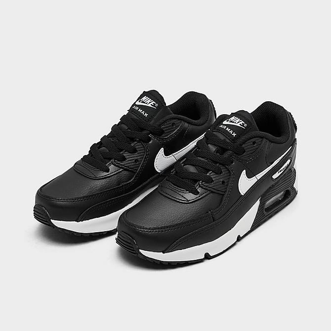 Three Quarter view of Little Kids' Nike Air Max 90 Casual Shoes in Black/White-Black Click to zoom