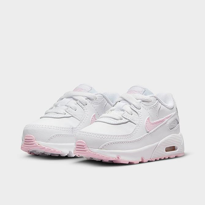 Three Quarter view of Girls' Toddler Nike Air Max 90 Casual Shoes in White/Pink Foam/White/White Click to zoom